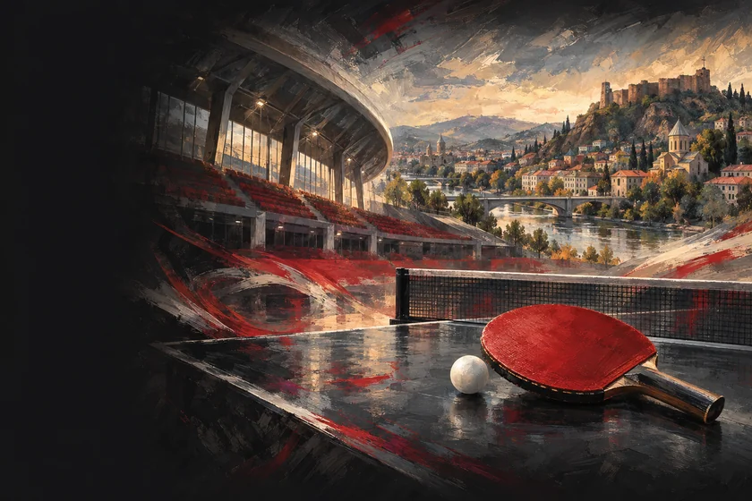 Painterly table-tennis illustration inspired by Tbilisi