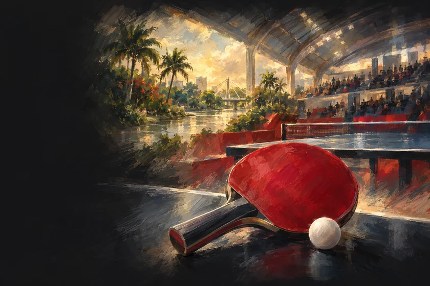 Painterly table-tennis illustration inspired by Monteria