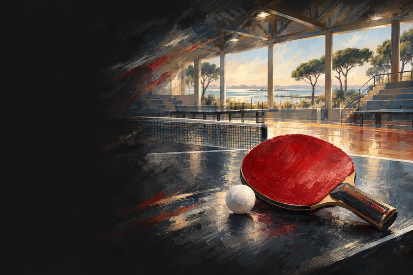 Painterly table-tennis illustration inspired by Lignano Sabbiadoro