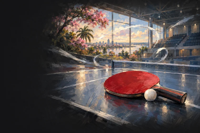Painterly table-tennis illustration inspired by Asunción