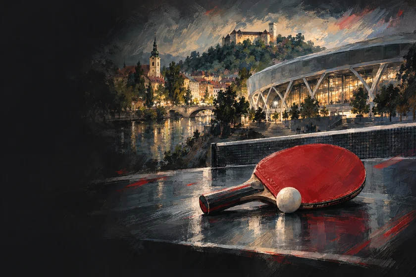 Painterly table-tennis illustration inspired by Ljubljana