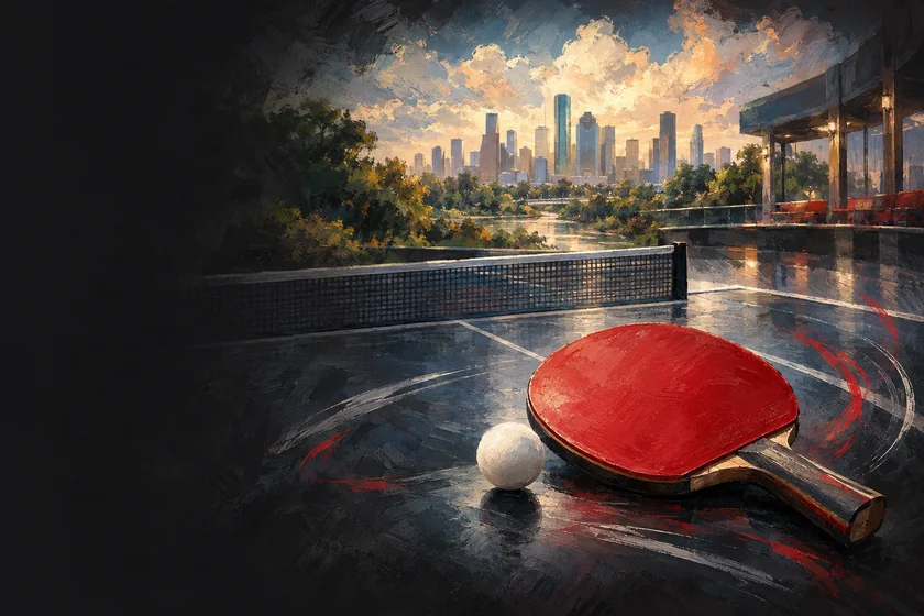 Painterly table-tennis illustration inspired by WTT Youth Contender Houston II 2026 Presented by Satellite Chemical